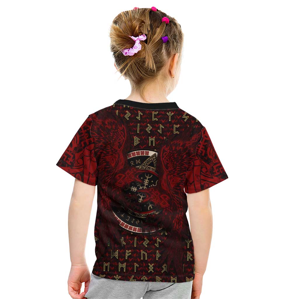 Raven and Bear Norse Symbolism Kid T Shirt Viking Blood Red Rune Art Style