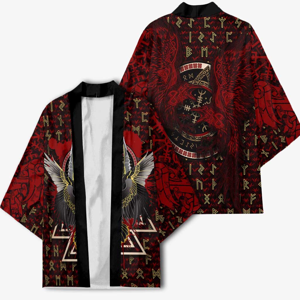 Raven and Bear Norse Symbolism Kimono Viking Blood Red Rune Art Style