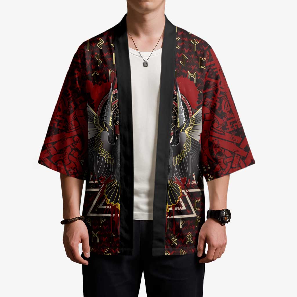 Raven and Bear Norse Symbolism Kimono Viking Blood Red Rune Art Style