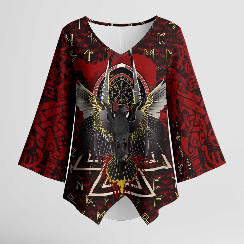 Raven and Bear Norse Symbolism Kimono Sleeve Blouse Viking Blood Red Rune Art Style