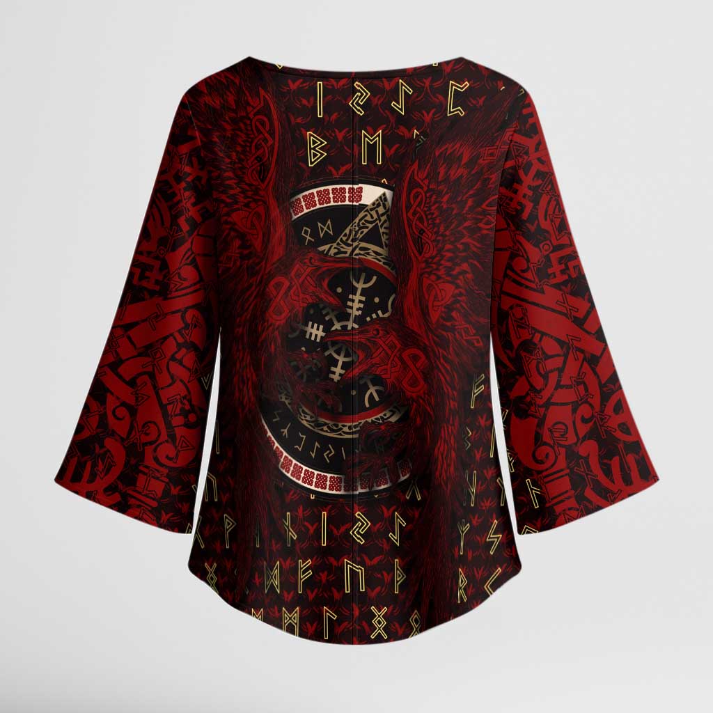 Raven and Bear Norse Symbolism Kimono Sleeve Blouse Viking Blood Red Rune Art Style