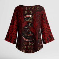 Raven and Bear Norse Symbolism Kimono Sleeve Blouse Viking Blood Red Rune Art Style