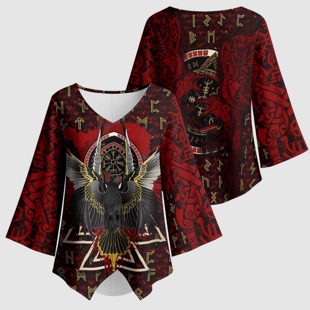 Raven and Bear Norse Symbolism Kimono Sleeve Blouse Viking Blood Red Rune Art Style