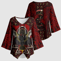 Raven and Bear Norse Symbolism Kimono Sleeve Blouse Viking Blood Red Rune Art Style