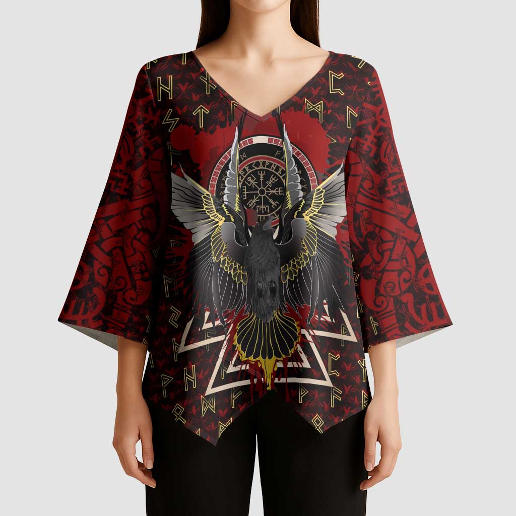 Raven and Bear Norse Symbolism Kimono Sleeve Blouse Viking Blood Red Rune Art Style