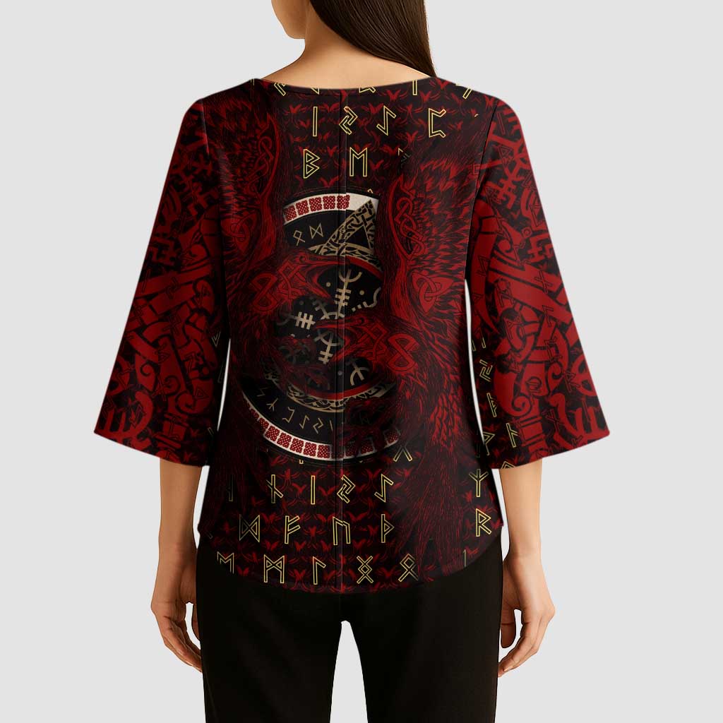 Raven and Bear Norse Symbolism Kimono Sleeve Blouse Viking Blood Red Rune Art Style