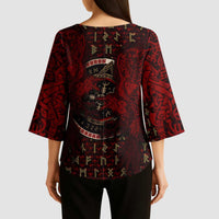Raven and Bear Norse Symbolism Kimono Sleeve Blouse Viking Blood Red Rune Art Style