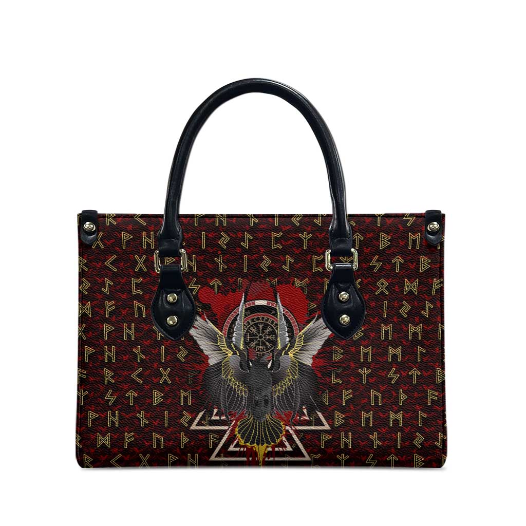 Raven and Bear Norse Symbolism Leather Bag Viking Blood Red Rune Art Style