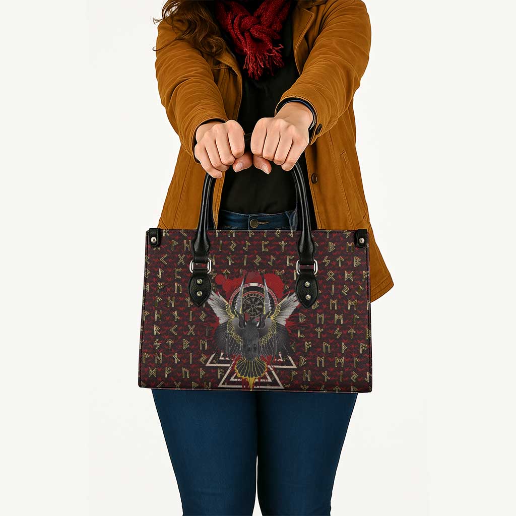 Raven and Bear Norse Symbolism Leather Bag Viking Blood Red Rune Art Style
