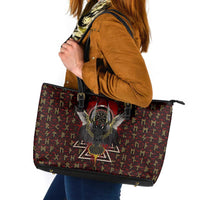 Raven and Bear Norse Symbolism Leather Tote Bag Viking Blood Red Rune Art Style