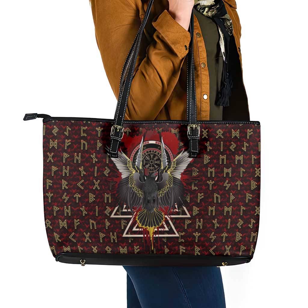 Raven and Bear Norse Symbolism Leather Tote Bag Viking Blood Red Rune Art Style