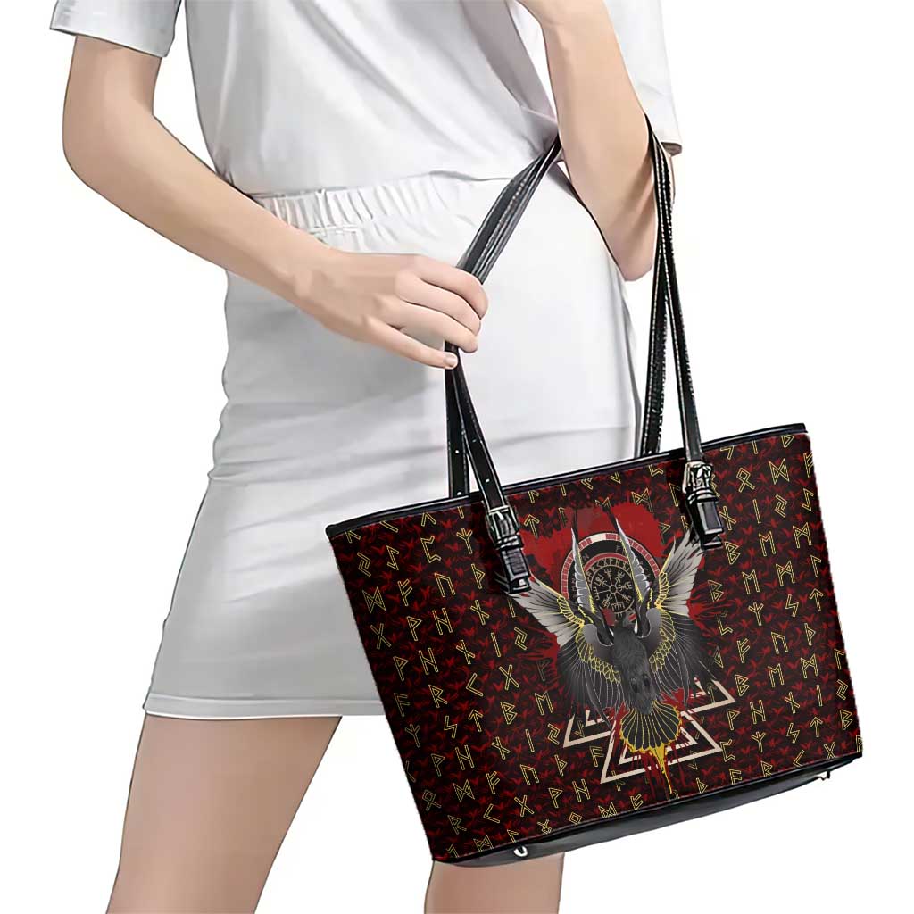 Raven and Bear Norse Symbolism Leather Tote Bag Viking Blood Red Rune Art Style