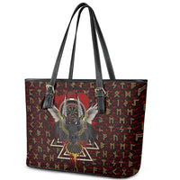 Raven and Bear Norse Symbolism Leather Tote Bag Viking Blood Red Rune Art Style