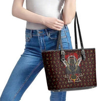Raven and Bear Norse Symbolism Leather Tote Bag Viking Blood Red Rune Art Style