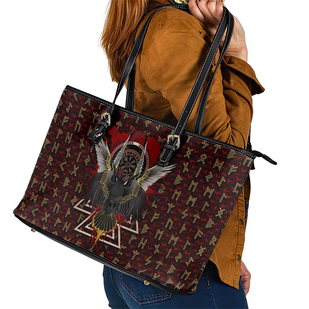 Raven and Bear Norse Symbolism Leather Tote Bag Viking Blood Red Rune Art Style