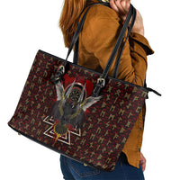 Raven and Bear Norse Symbolism Leather Tote Bag Viking Blood Red Rune Art Style