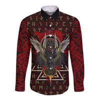 Raven and Bear Norse Symbolism Long Sleeve Button Shirt Viking Blood Red Rune Art Style