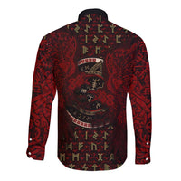 Raven and Bear Norse Symbolism Long Sleeve Button Shirt Viking Blood Red Rune Art Style