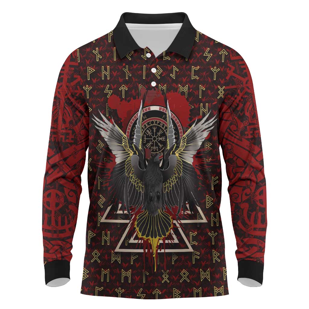 Raven and Bear Norse Symbolism Long Sleeve Polo Shirt Viking Blood Red Rune Art Style