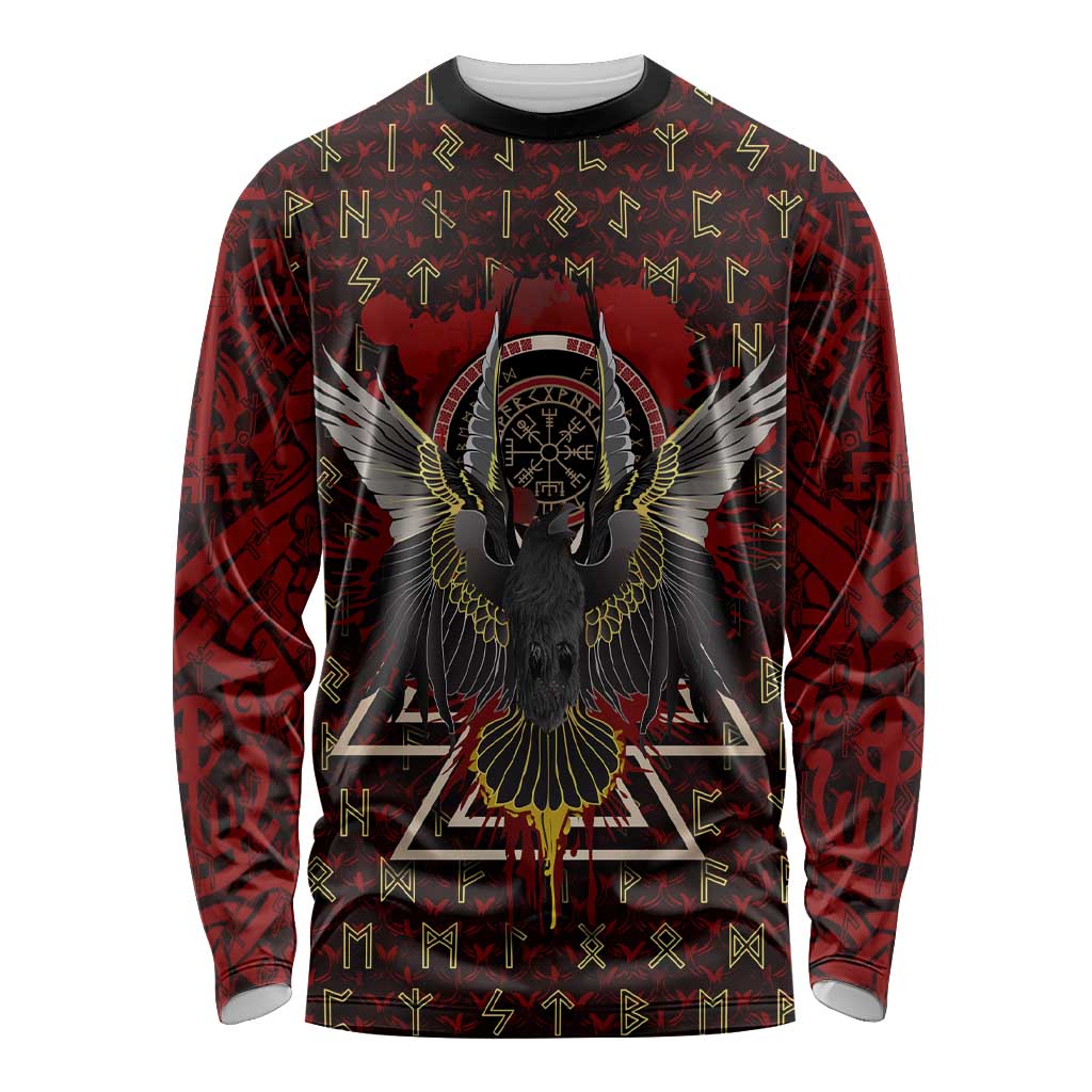 Raven and Bear Norse Symbolism Long Sleeve Shirt Viking Blood Red Rune Art Style