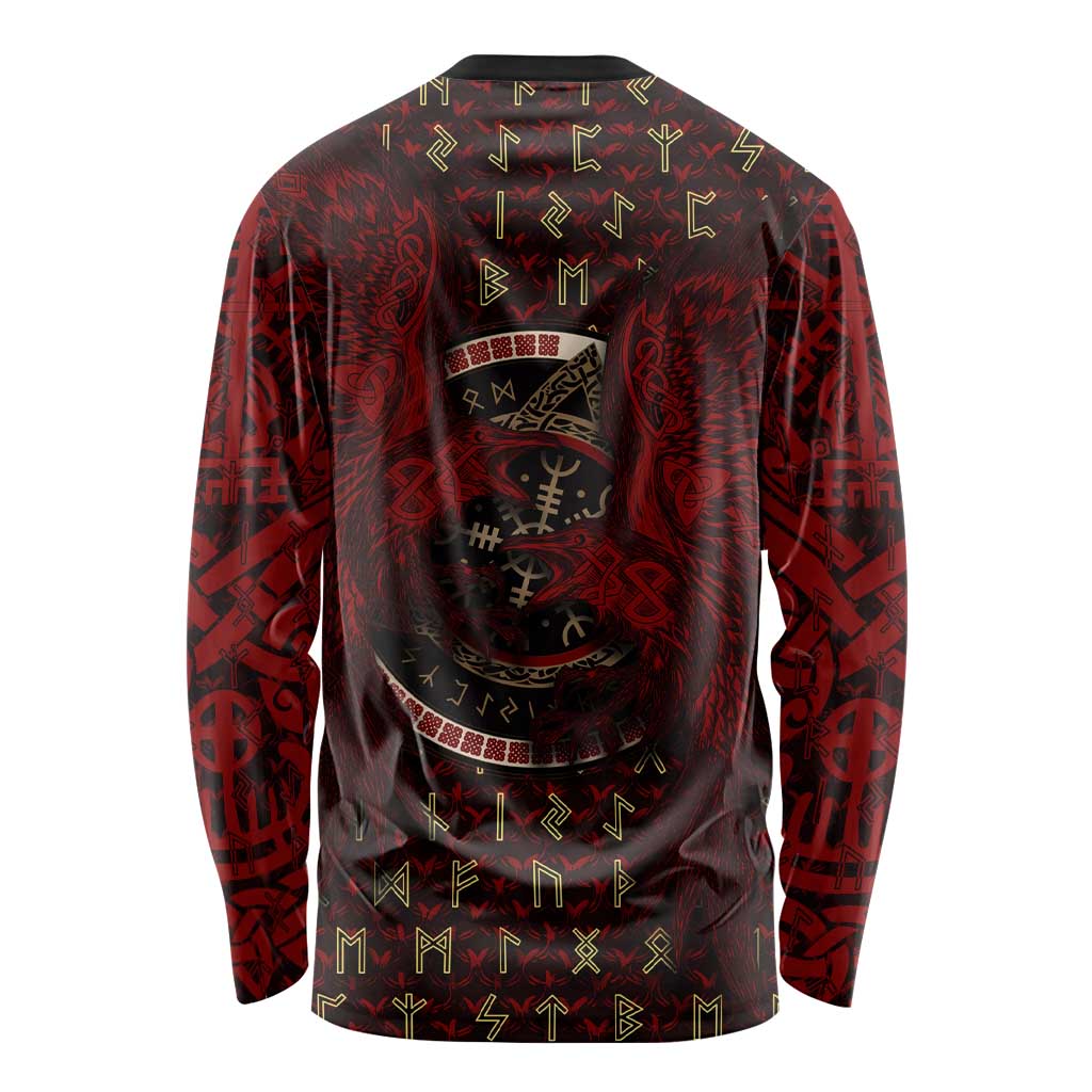 Raven and Bear Norse Symbolism Long Sleeve Shirt Viking Blood Red Rune Art Style
