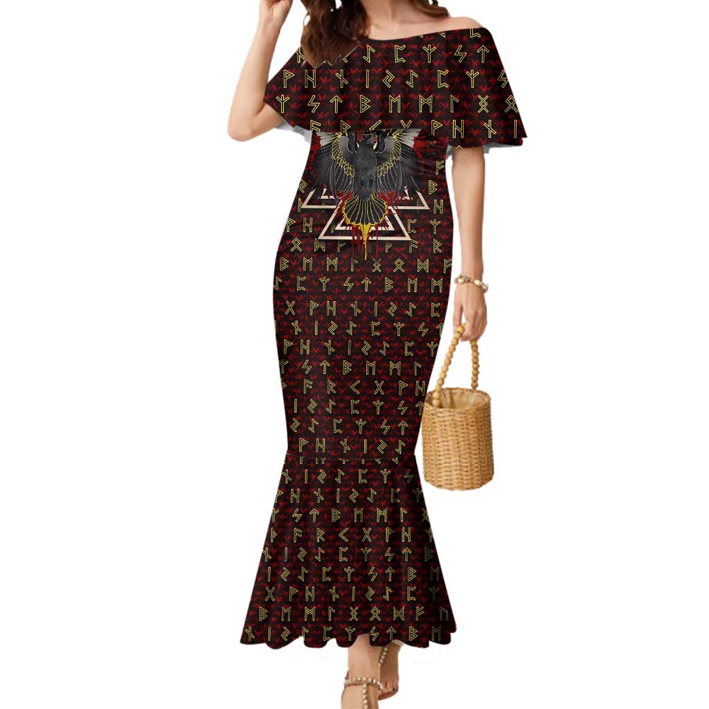 Raven and Bear Norse Symbolism Mermaid Dress Viking Blood Red Rune Art Style