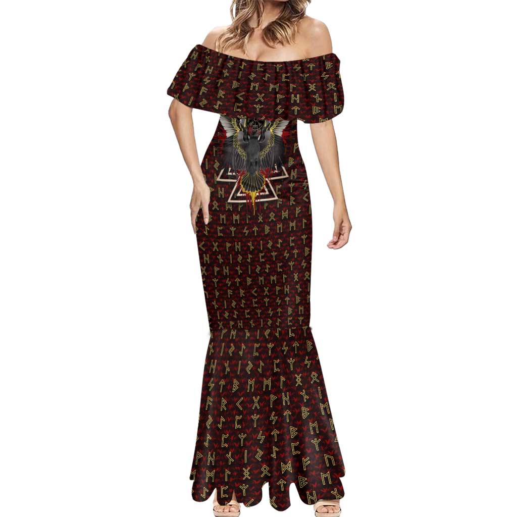 Raven and Bear Norse Symbolism Mermaid Dress Viking Blood Red Rune Art Style