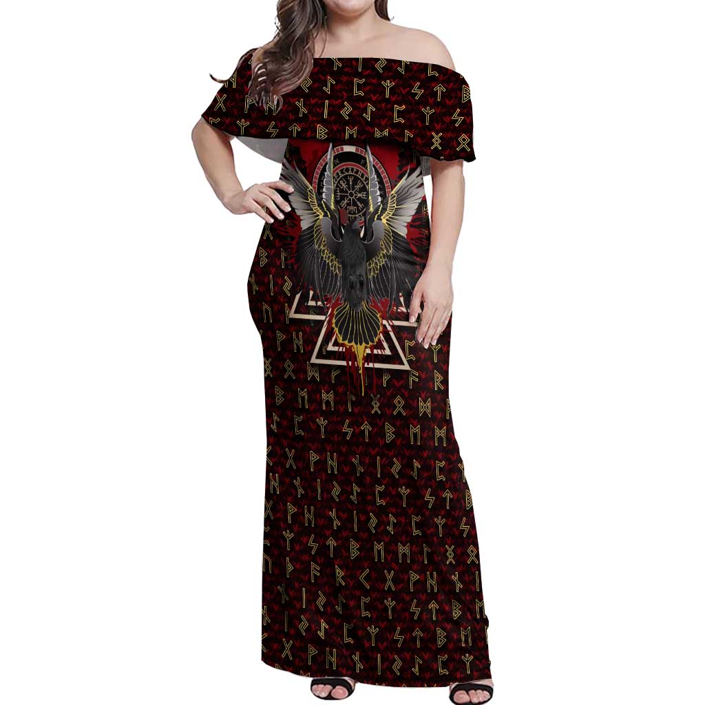 Raven and Bear Norse Symbolism Off Shoulder Maxi Dress Viking Blood Red Rune Art Style