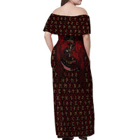 Raven and Bear Norse Symbolism Off Shoulder Maxi Dress Viking Blood Red Rune Art Style