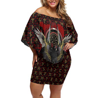Raven and Bear Norse Symbolism Off Shoulder Short Dress Viking Blood Red Rune Art Style