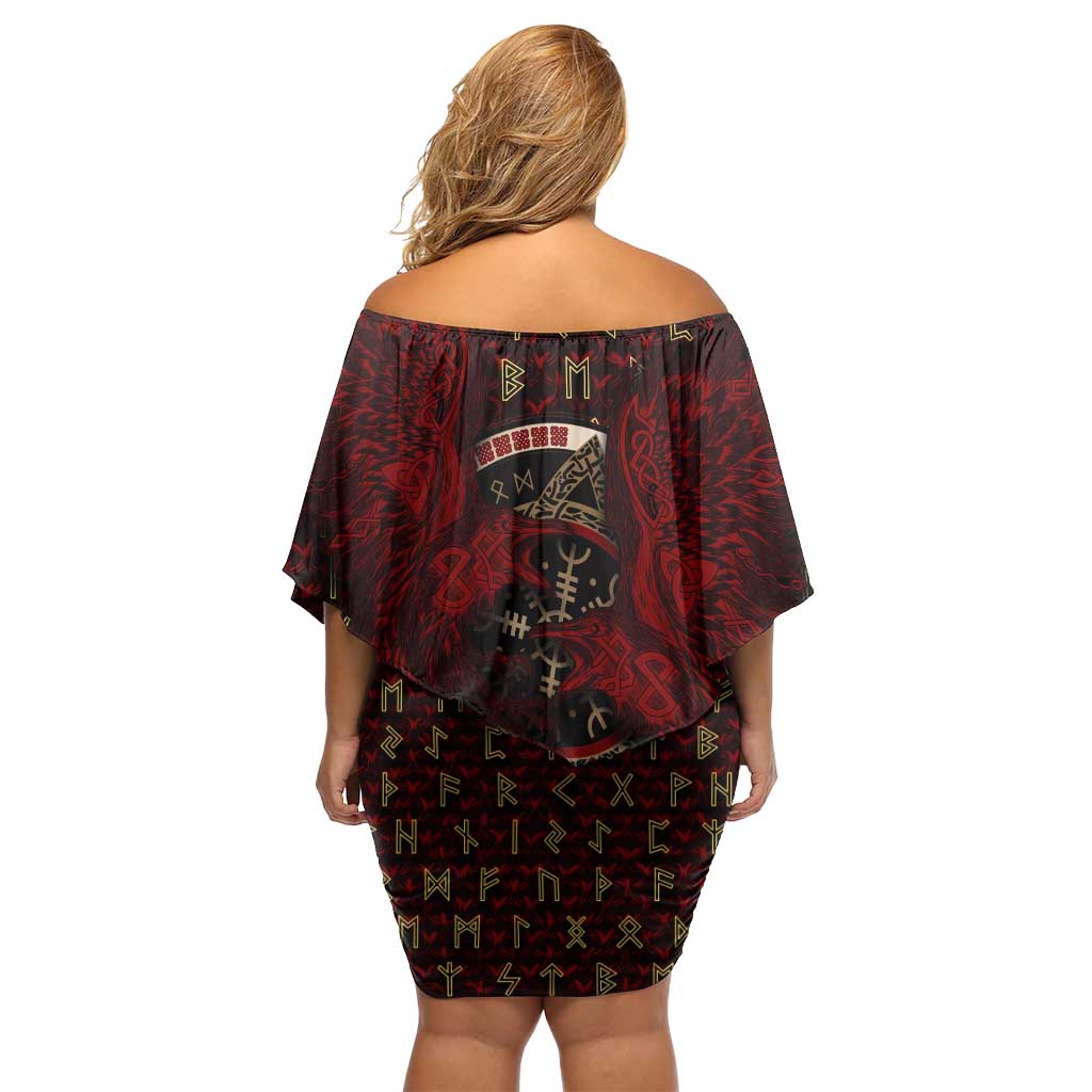Raven and Bear Norse Symbolism Off Shoulder Short Dress Viking Blood Red Rune Art Style