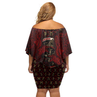 Raven and Bear Norse Symbolism Off Shoulder Short Dress Viking Blood Red Rune Art Style