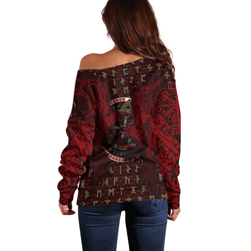 Raven and Bear Norse Symbolism Off Shoulder Sweater Viking Blood Red Rune Art Style