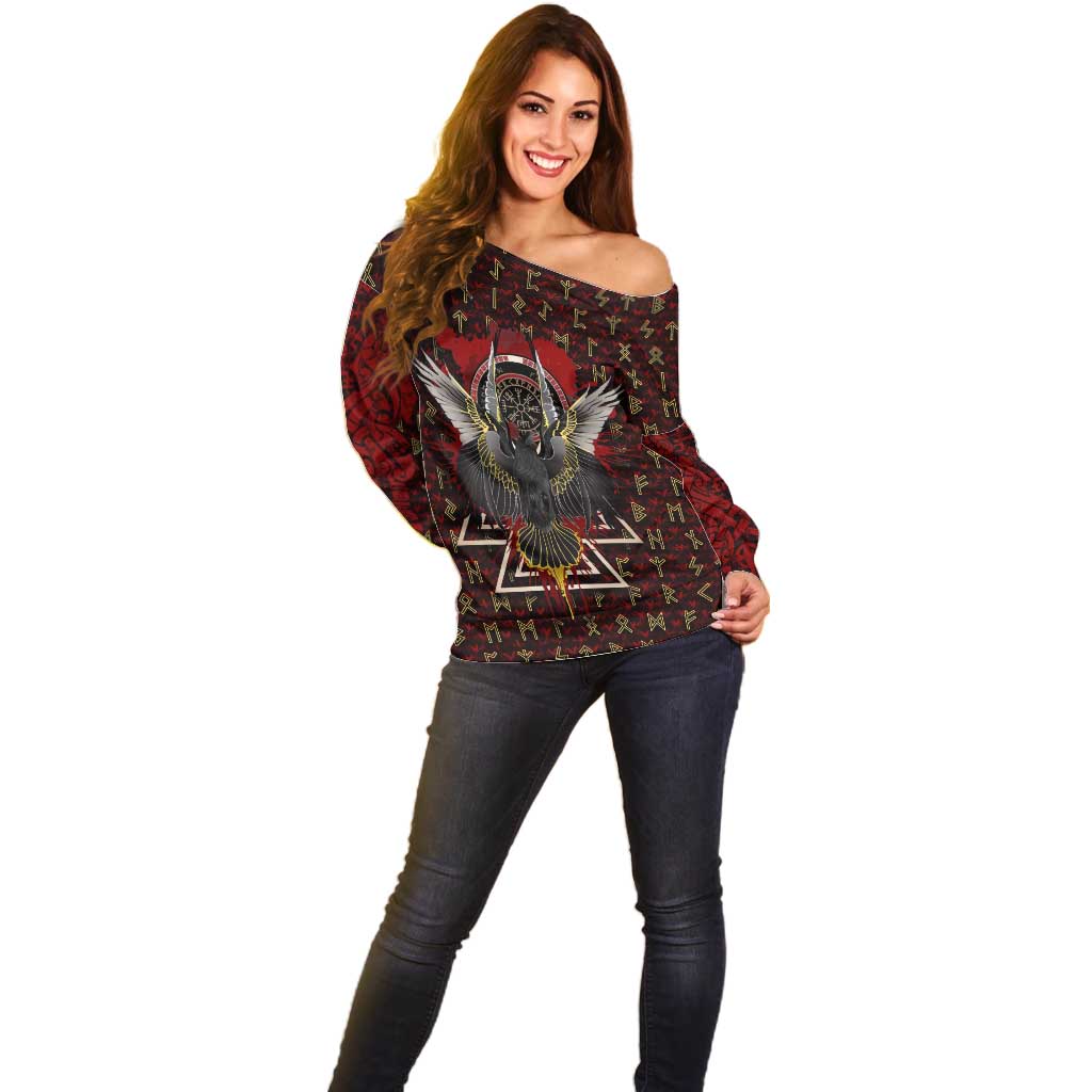 Raven and Bear Norse Symbolism Off Shoulder Sweater Viking Blood Red Rune Art Style