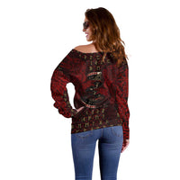 Raven and Bear Norse Symbolism Off Shoulder Sweater Viking Blood Red Rune Art Style