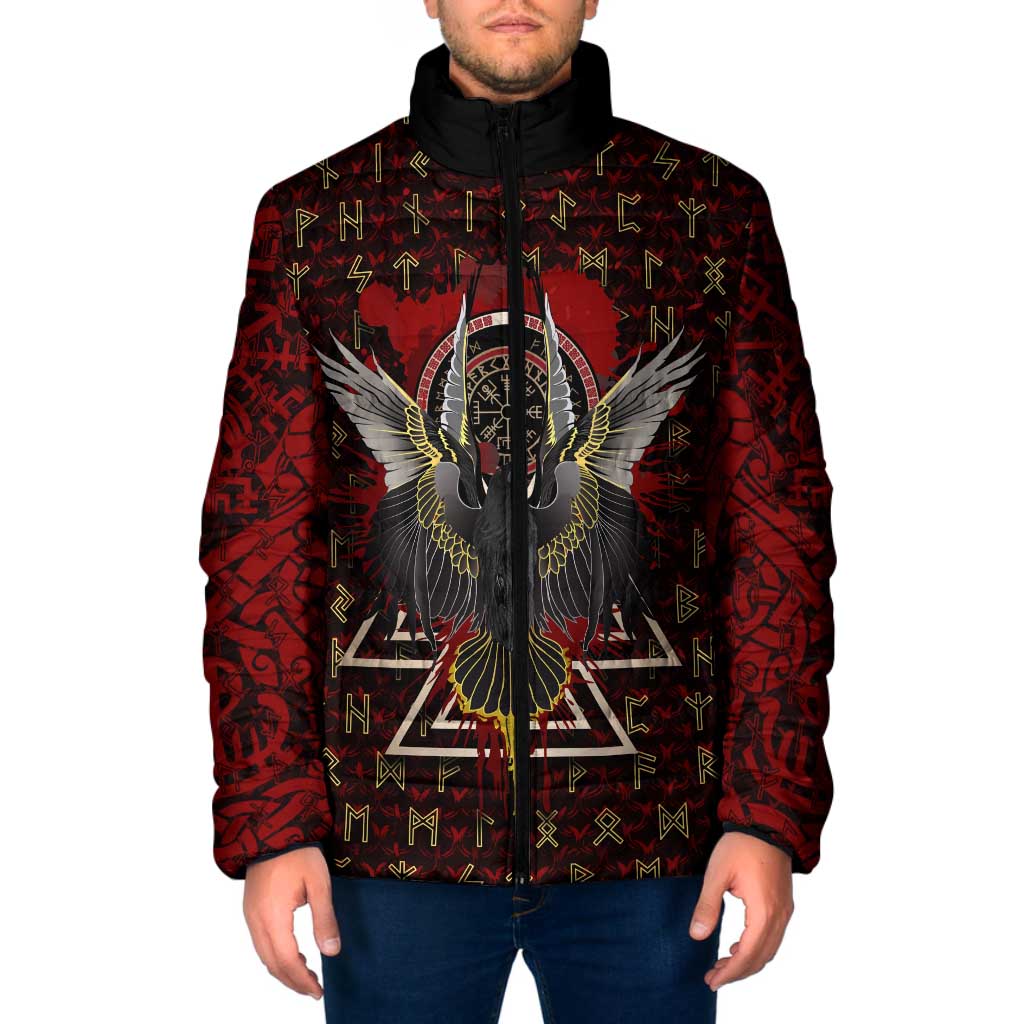 Raven and Bear Norse Symbolism Padded Jacket Viking Blood Red Rune Art Style