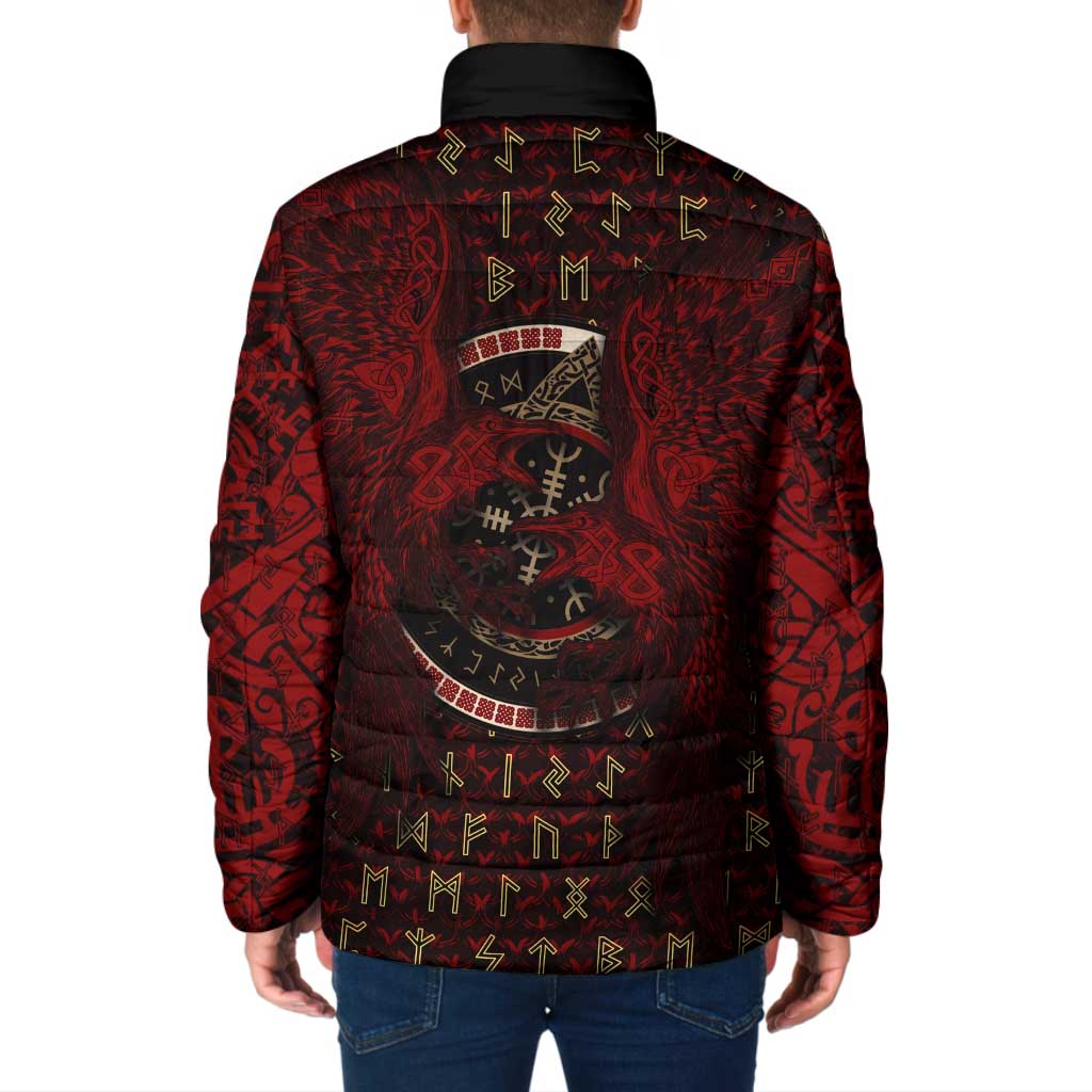Raven and Bear Norse Symbolism Padded Jacket Viking Blood Red Rune Art Style