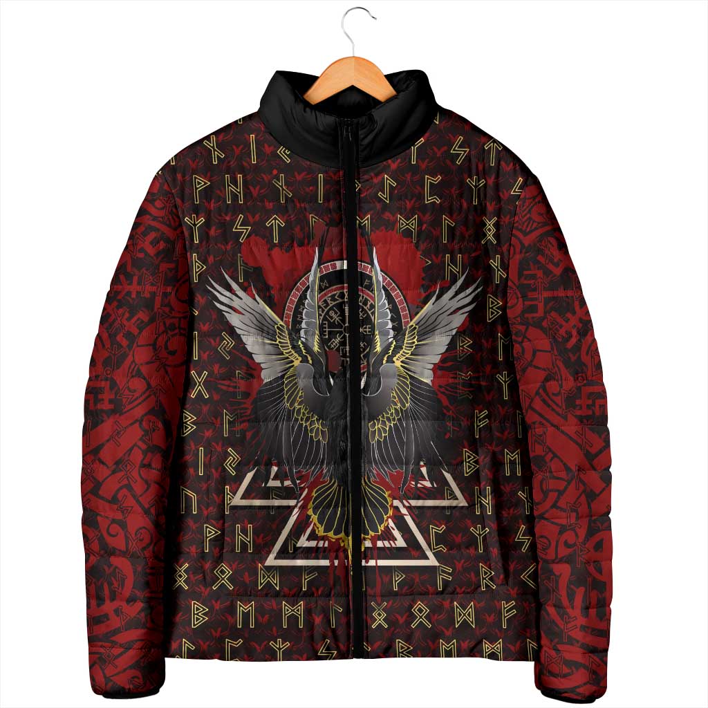 Raven and Bear Norse Symbolism Padded Jacket Viking Blood Red Rune Art Style