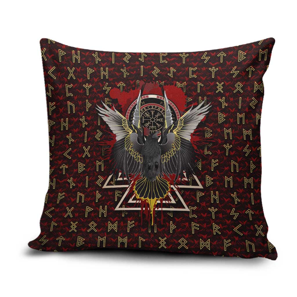 Raven and Bear Norse Symbolism Pillow Cover Viking Blood Red Rune Art Style