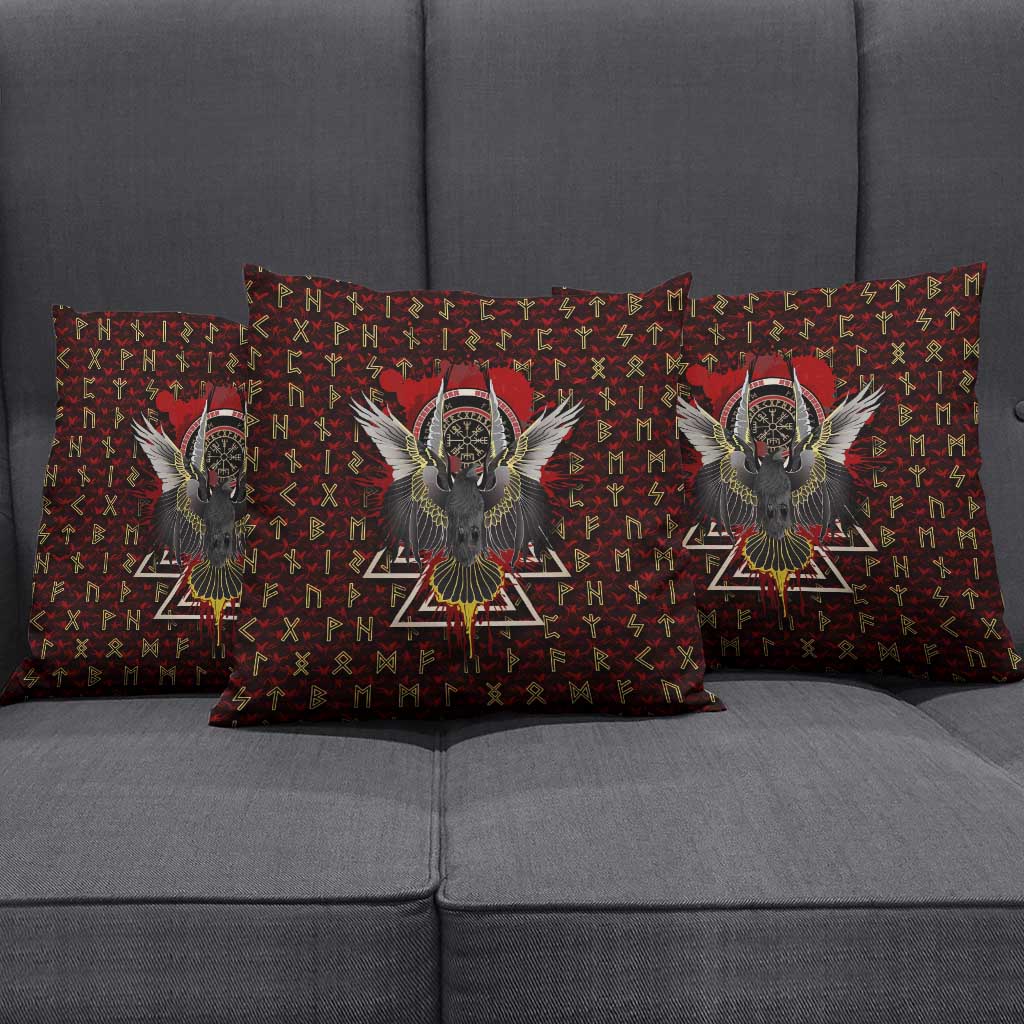 Raven and Bear Norse Symbolism Pillow Cover Viking Blood Red Rune Art Style