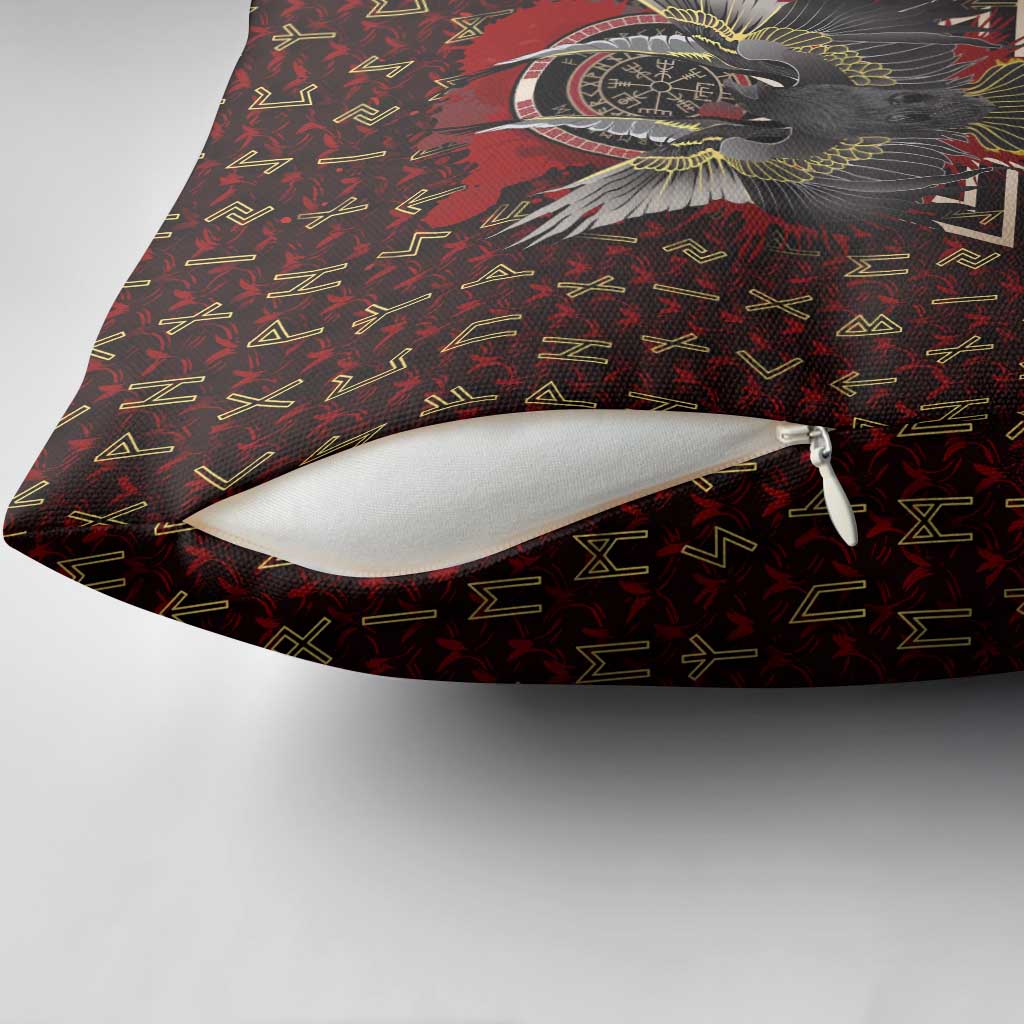 Raven and Bear Norse Symbolism Pillow Cover Viking Blood Red Rune Art Style