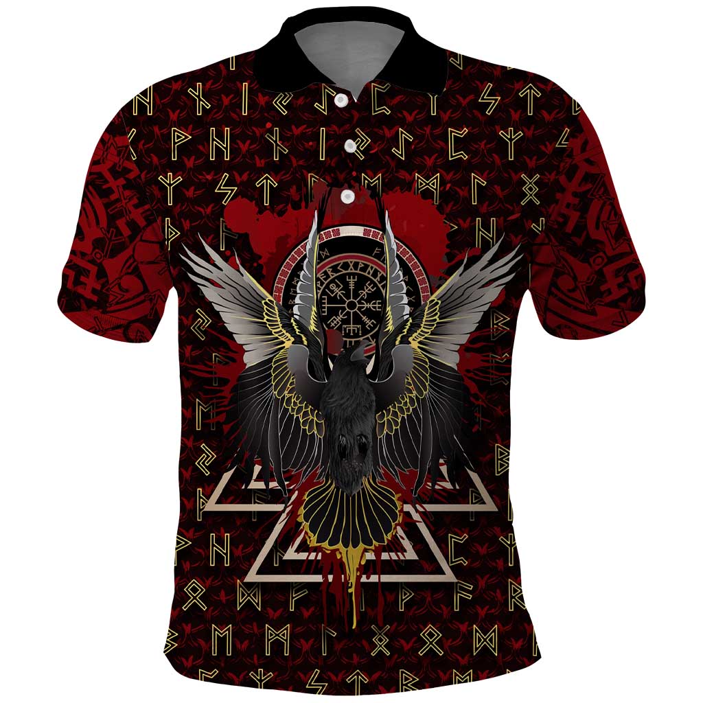 Raven and Bear Norse Symbolism Polo Shirt Viking Blood Red Rune Art Style