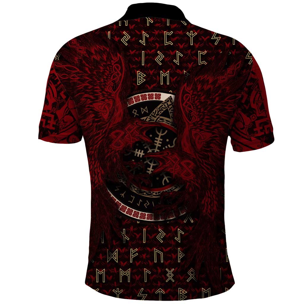 Raven and Bear Norse Symbolism Polo Shirt Viking Blood Red Rune Art Style