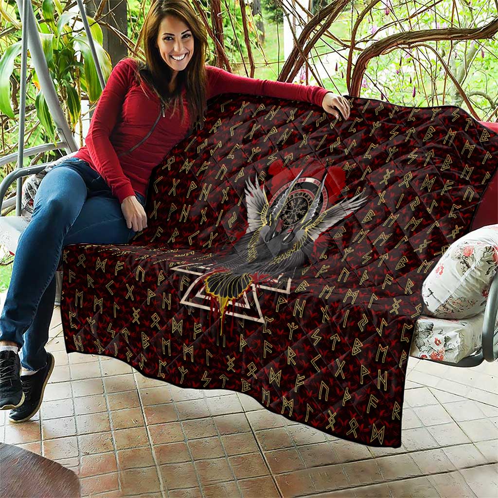 Raven and Bear Norse Symbolism Quilt Viking Blood Red Rune Art Style
