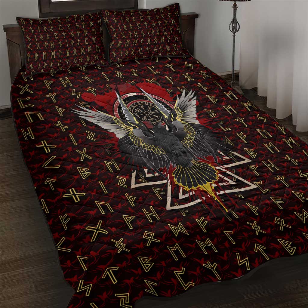 Raven and Bear Norse Symbolism Quilt Bed Set Viking Blood Red Rune Art Style