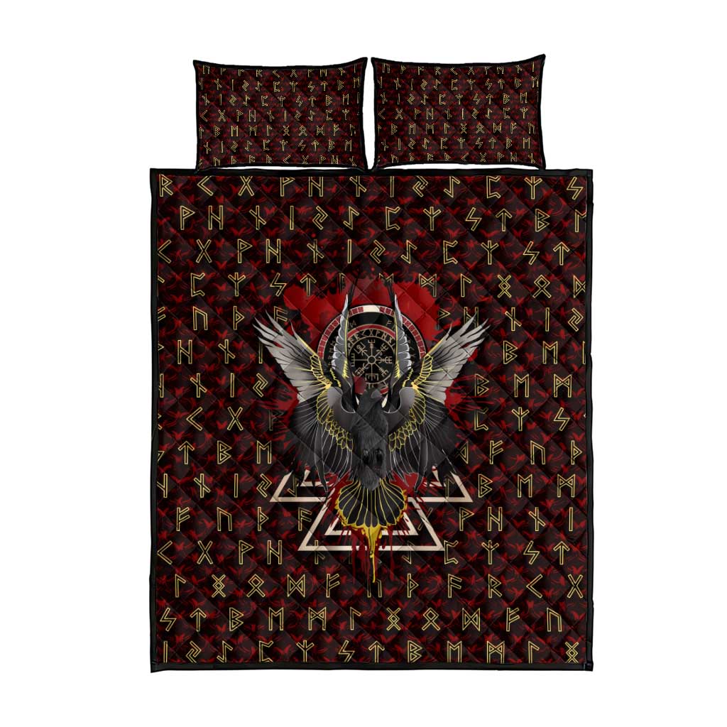 Raven and Bear Norse Symbolism Quilt Bed Set Viking Blood Red Rune Art Style