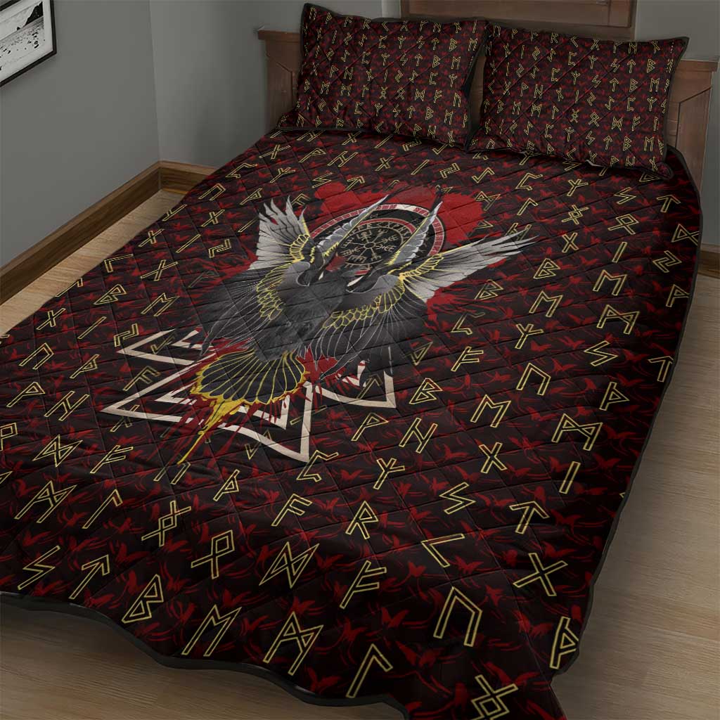 Raven and Bear Norse Symbolism Quilt Bed Set Viking Blood Red Rune Art Style