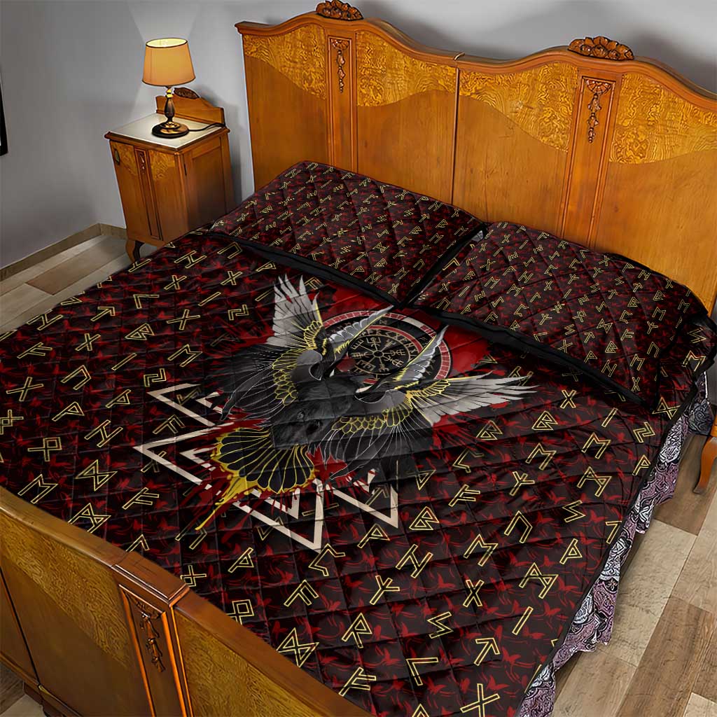 Raven and Bear Norse Symbolism Quilt Bed Set Viking Blood Red Rune Art Style