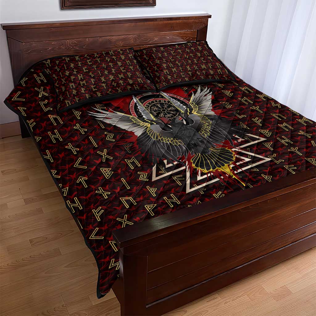 Raven and Bear Norse Symbolism Quilt Bed Set Viking Blood Red Rune Art Style