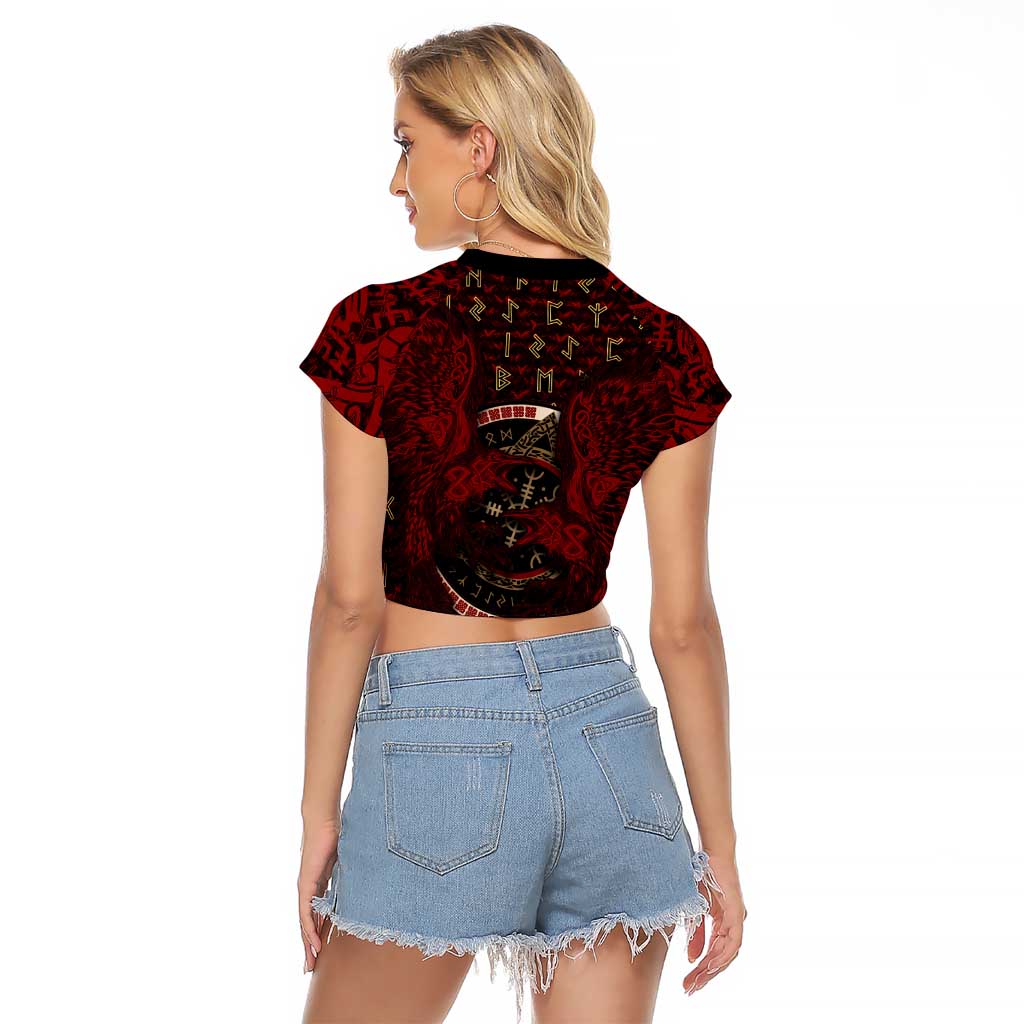 Raven and Bear Norse Symbolism Raglan Cropped T Shirt Viking Blood Red Rune Art Style